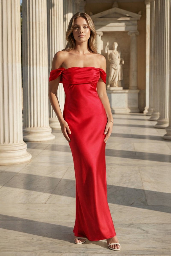 Off the Shoulder Coral Mermaid Satin Long Party Dress - KissProm