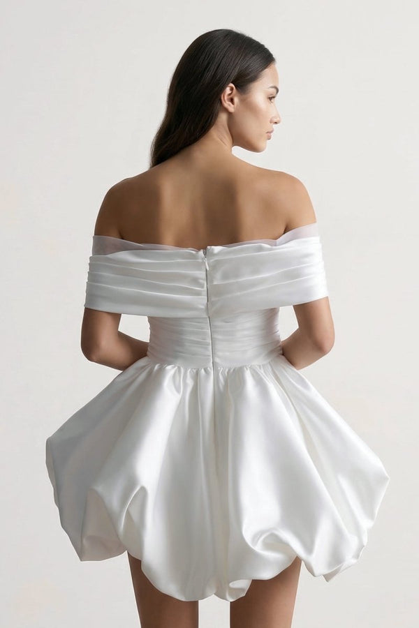 Off - the - Shoulder Satin Graduation Dress With Bubble Hem - KissProm