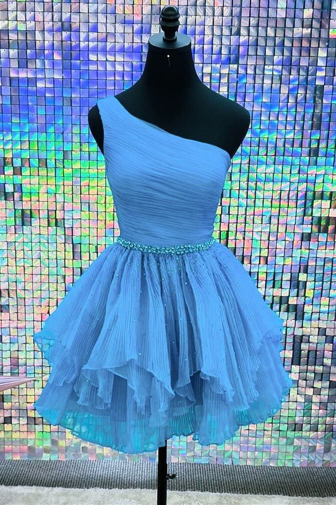 Seren | One - Shoulder Beaded Ruffle Homecoming Dress in Blue - KissProm