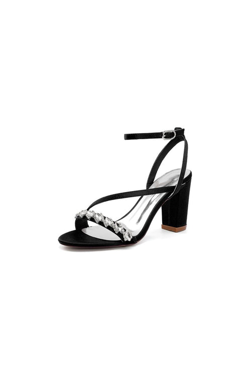 Open Toe Ankle Strap Satin Chunky Heels With Rhinestone - KissProm