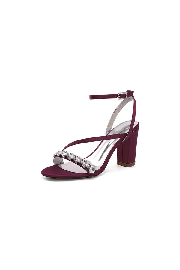 Open Toe Ankle Strap Satin Chunky Heels With Rhinestone - KissProm