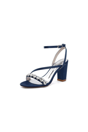 Open Toe Ankle Strap Satin Chunky Heels With Rhinestone - KissProm