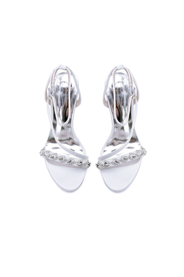 Open Toe Ankle Strap Satin Chunky Heels With Rhinestone - KissProm