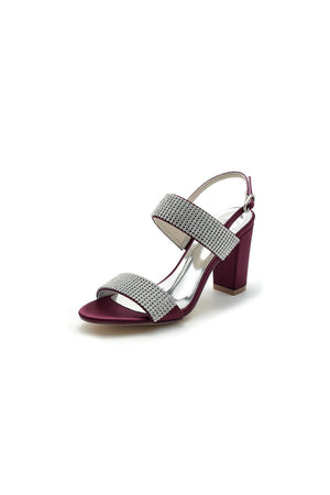 Open Toe Beaded Buckle Satin Chunky Heels - KissProm