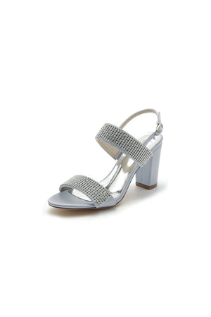 Open Toe Beaded Buckle Satin Chunky Heels - KissProm