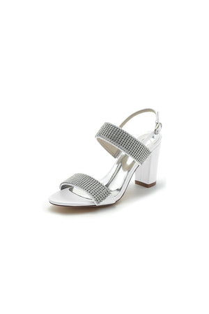Open Toe Beaded Buckle Satin Chunky Heels - KissProm
