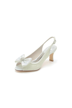 Open Toe Beaded Lace Wedding Shoes With Bow - KissProm