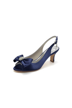Open Toe Beaded Satin Stiletto Heels With Bow - KissProm