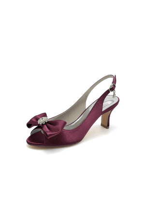 Open Toe Beaded Satin Stiletto Heels With Bow - KissProm