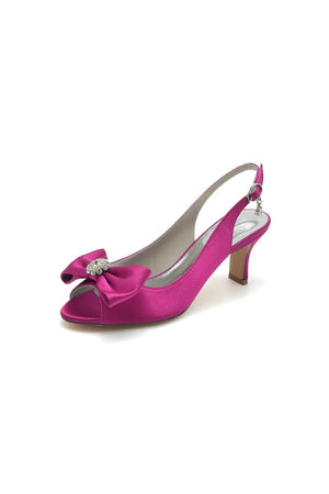 Open Toe Beaded Satin Stiletto Heels With Bow - KissProm
