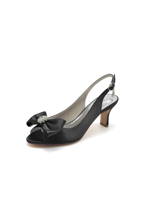 Open Toe Beaded Satin Stiletto Heels With Bow - KissProm