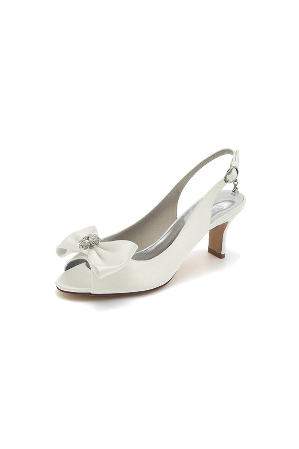 Open Toe Beaded Satin Stiletto Heels With Bow - KissProm