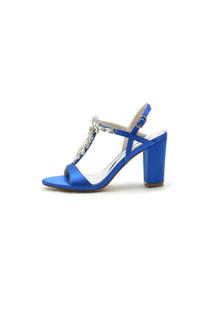 Open Toe Chunky Heels With Rhinestone Flower - KissProm