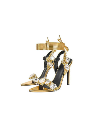 Open Toe Crystal - Embellished Metallic Lace - Up Stiletto Heels - KissProm