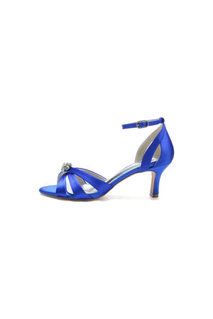 Open Toe Crystal Flower Buckle Strap Chunky Heels - KissProm