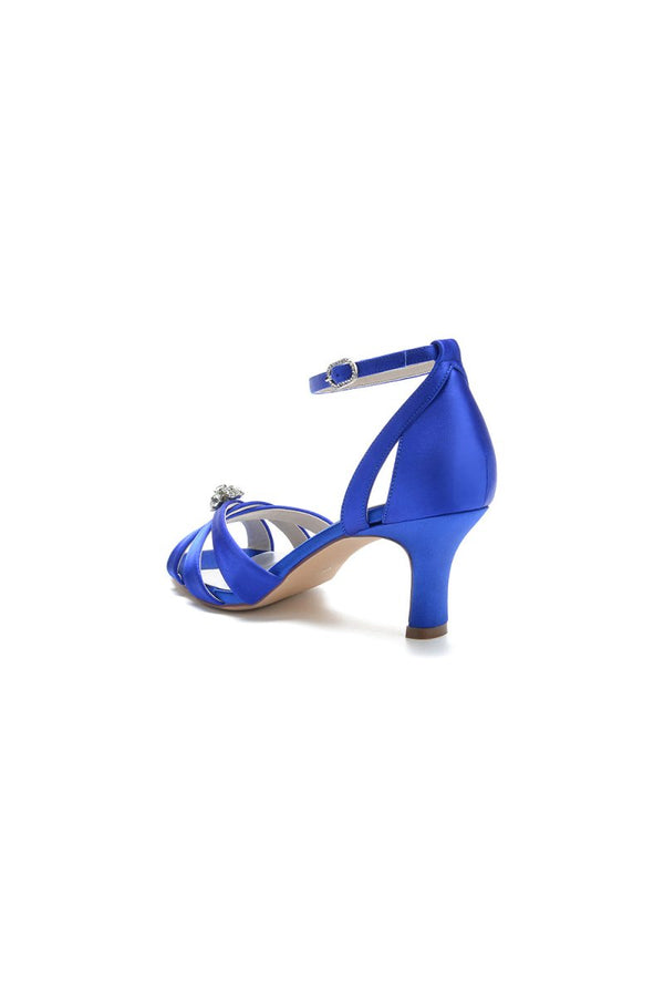 Open Toe Crystal Flower Buckle Strap Chunky Heels - KissProm