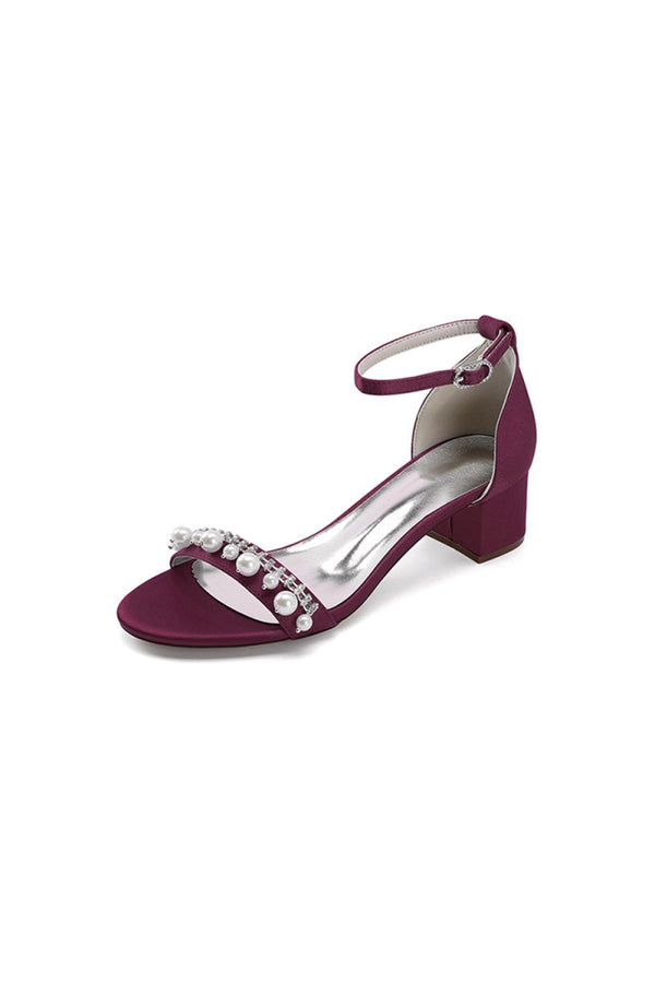 Open Toe Pearl Buckle Strap Chunky Heels - KissProm