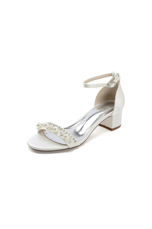 Open Toe Pearl Buckle Strap Chunky Heels - KissProm