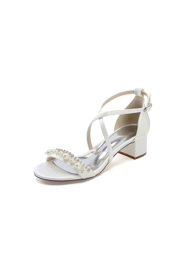 Open Toe Pearl Hollow Out Chunky Heels - KissProm