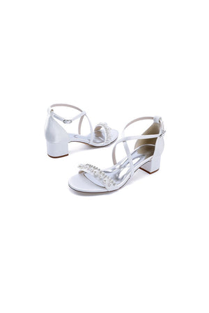 Open Toe Pearl Hollow Out Chunky Heels - KissProm