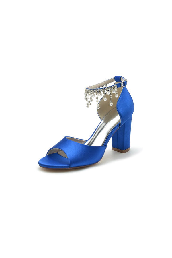 Open Toe Pearl Tassel Satin Chunky Heels - KissProm