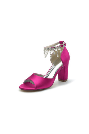 Open Toe Pearl Tassel Satin Chunky Heels - KissProm