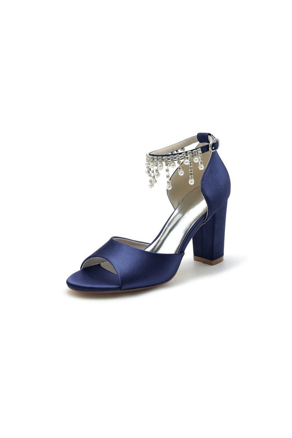 Open Toe Pearl Tassel Satin Chunky Heels - KissProm