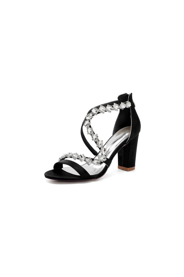 Open Toe Satin Block Heels With Crystal Straps – Shoes by KissProm | Available at KissProm