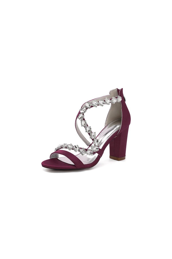 Open Toe Satin Block Heels With Crystal Straps – Shoes by KissProm | Available at KissProm