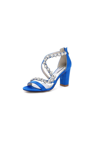 Open Toe Satin Block Heels With Crystal Straps – Shoes by KissProm | Available at KissProm