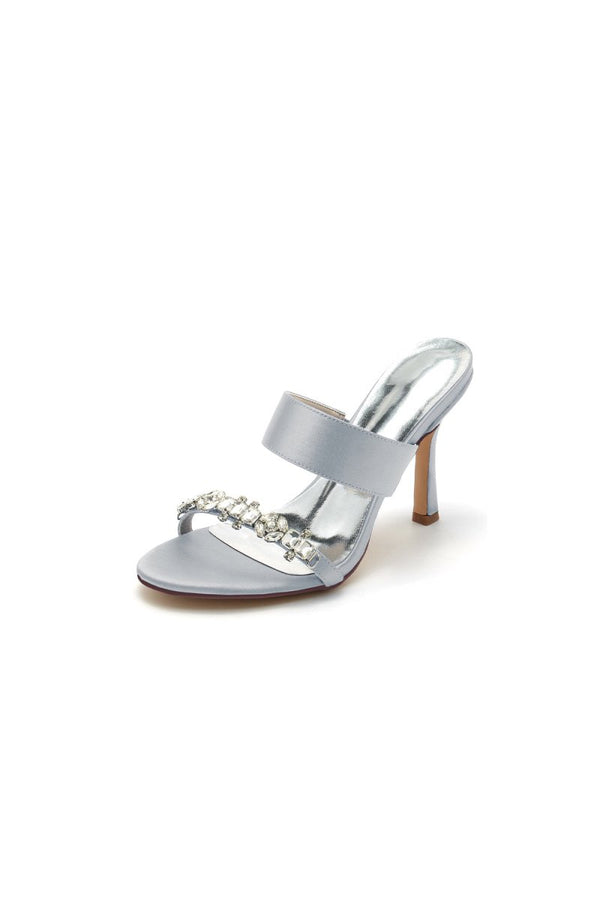 Open Toe Satin Strap Slip On High Heels With Rhinestone - KissProm