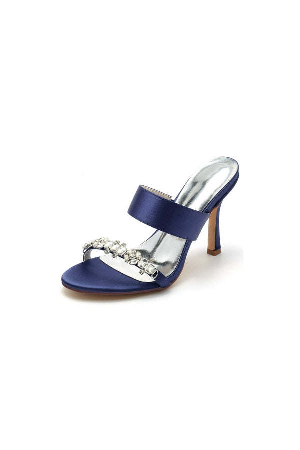 Open Toe Satin Strap Slip On High Heels With Rhinestone - KissProm