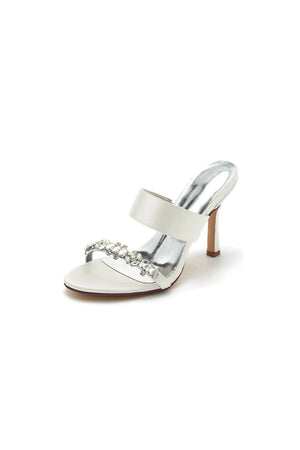 Open Toe Satin Strap Slip On High Heels With Rhinestone - KissProm