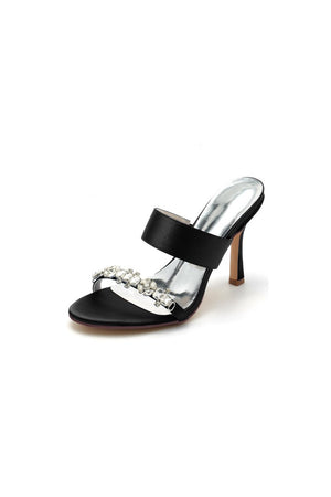 Open Toe Satin Strap Slip On High Heels With Rhinestone - KissProm
