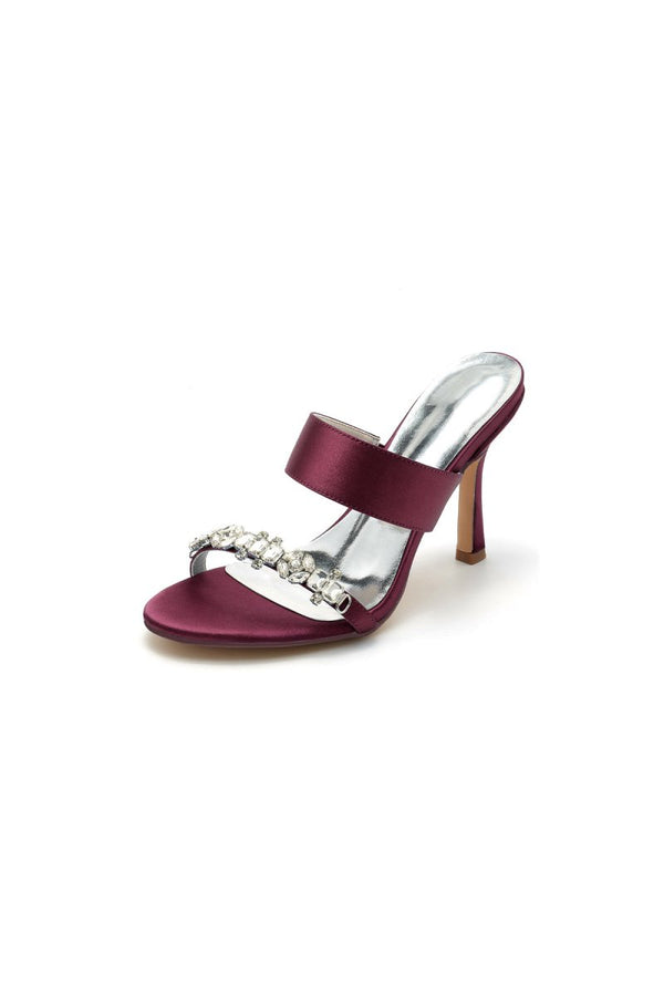 Open Toe Satin Strap Slip On High Heels With Rhinestone - KissProm