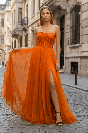 A - Line Sweetheart Beads Empire - Waist Sleeveless Prom Dress With Slit - KissProm