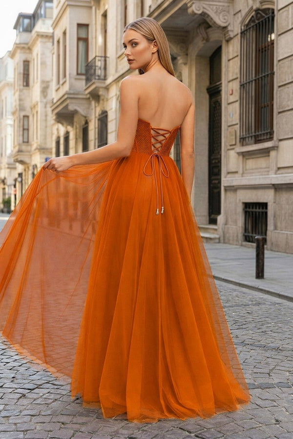 A - Line Sweetheart Beads Empire - Waist Sleeveless Prom Dress With Slit - KissProm