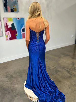 Mermaid Gold Strapless Satin Corset Long Prom Dresses with Slit – Prom Dresses by KissProm | Available at KissProm