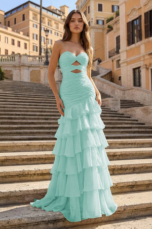 Yellow Mermaid Sweetheart Chiffon Ruffled Long Prom Dresses with Keyholes – Prom Dresses by KissProm | Available at KissProm