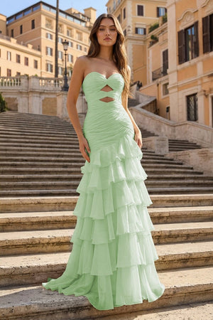 Yellow Mermaid Sweetheart Chiffon Ruffled Long Prom Dresses with Keyholes – Prom Dresses by KissProm | Available at KissProm