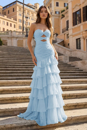 Yellow Mermaid Sweetheart Chiffon Ruffled Long Prom Dresses with Keyholes – Prom Dresses by KissProm | Available at KissProm