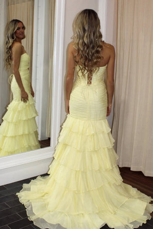 Yellow Mermaid Sweetheart Chiffon Ruffled Long Prom Dresses with Keyholes – Prom Dresses by KissProm | Available at KissProm