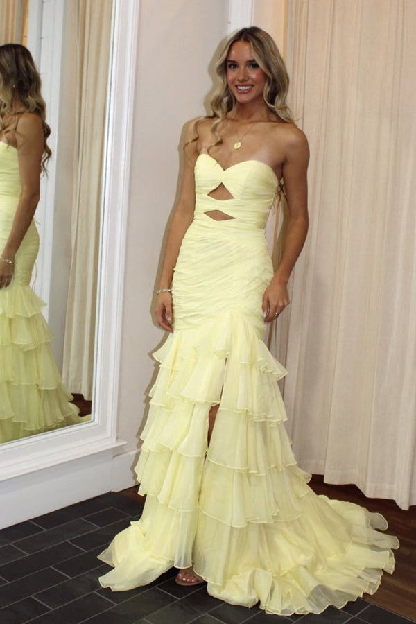 Yellow Mermaid Sweetheart Chiffon Ruffled Long Prom Dresses with Keyholes – Prom Dresses by KissProm | Available at KissProm