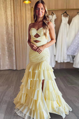 Yellow Mermaid Sweetheart Chiffon Ruffled Long Prom Dresses with Keyholes – Prom Dresses by KissProm | Available at KissProm