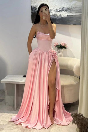 Pink Strapless Satin Beaded A Line Prom Dresses With Slit – Prom Dresses by KissProm | Available at KissProm