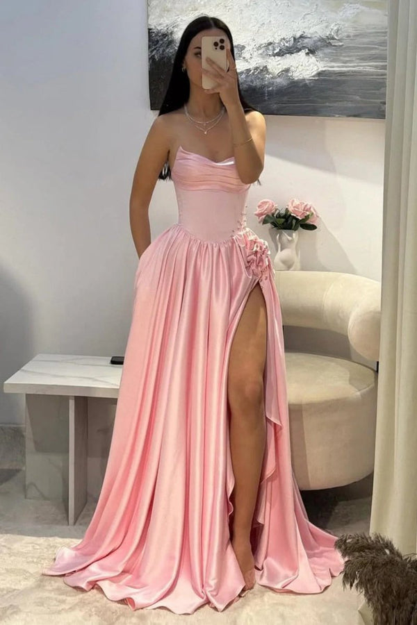 Pink Strapless Satin Beaded A Line Prom Dresses With Slit – Prom Dresses by KissProm | Available at KissProm