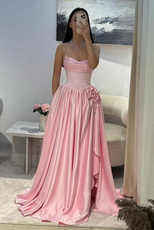 Pink Strapless Satin Beaded A Line Prom Dresses With Slit – Prom Dresses by KissProm | Available at KissProm