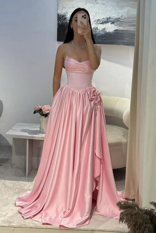 Pink Strapless Satin Beaded A Line Prom Dresses With Slit – Prom Dresses by KissProm | Available at KissProm