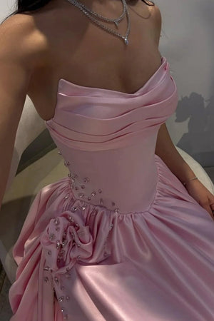 Pink Strapless Satin Beaded A Line Prom Dresses With Slit – Prom Dresses by KissProm | Available at KissProm