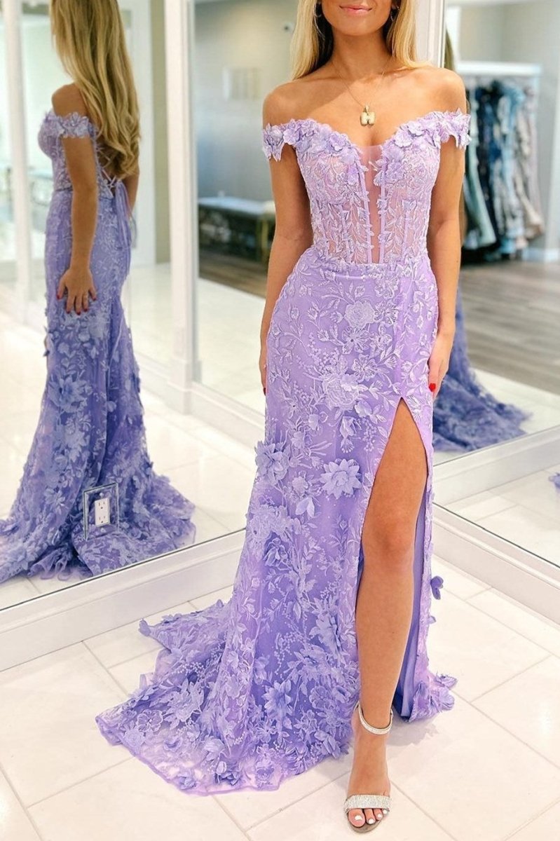 Off The Shoulder Floral Lace Long Prom Dress With Split – Prom Dresses by KissProm | Available at KissProm